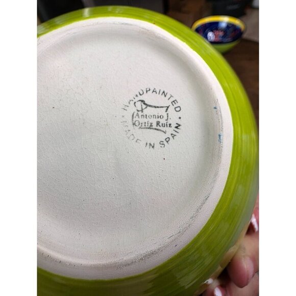 Hand-Painted Ceramic Bowl From Spain With Vibrant Blue Orange & Yellow Patterns - Picture 7 of 14